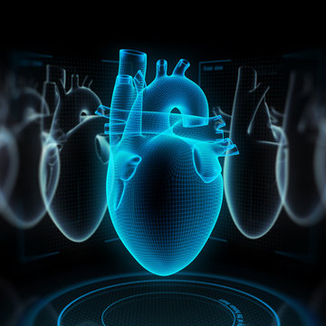 Digital human heart made of virtual wireframe. 3d illustration.