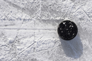 Naklejka premium hockey puck lies on the ice in the stadium