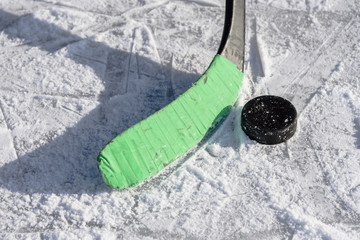 close-up of sticks and pucks in the stadium