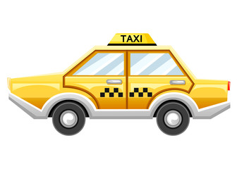 Yellow taxi car. Taxi service. Catroon style design. Vector illustration isolated on white background. Web site page and mobile app design