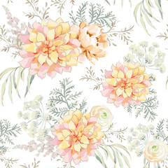 Obraz premium Blush pink bouquets on the white background. Watercolor vector seamless pattern with delicate flowers. Dahlia, peony, ranunculus, fern and gray leaves. Romantic garden illustration.