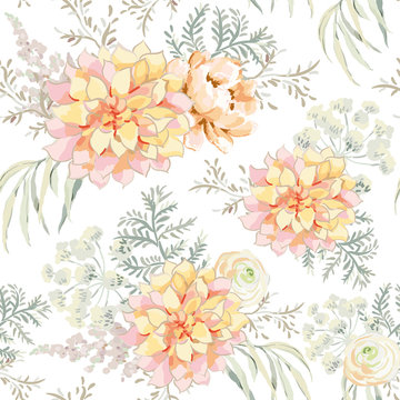 Blush pink bouquets on the white background. Watercolor vector seamless pattern with delicate flowers. Dahlia, peony, ranunculus, fern and gray leaves. Romantic garden illustration.