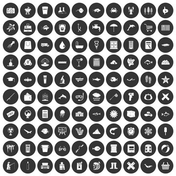 100 fish icons set black circle