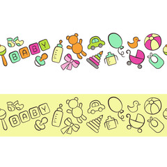 Baby. Newborn. Cute horizontal seamless pattern in doodle and cartoon style. Colorful. Vector. EPS 8