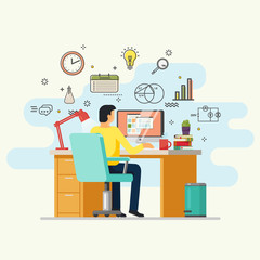 Fototapeta premium Man doing job or working at desk with computer