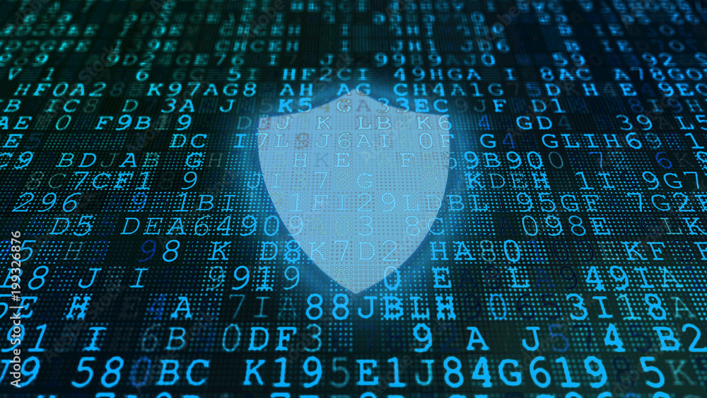 Poster codes and shield screen with blue formulas