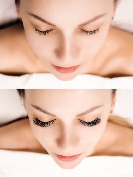 Eyelash Extension. Comparison of female eyes before and after.