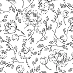 Wall murals Floral Prints Peony flower seamless pattern drawing. Vector hand drawn engrave
