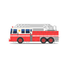Fire engine side view. Red fire truck with stairs. Firefighting vehicle on six wheels. Vector illustration in trendy flat style isolated on white background