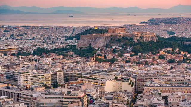 Panoramic aerial view of Athens, Greece - Timelapse of summer sunset