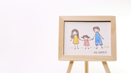 Cartoon Happy My Family with Mom, Daughter and Dad Drawing by Color Pencil on Wooden Board on White Background 2