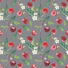 Fototapeta na wymiar Hand-drawn watercolor wreath of flowers of cherry and leaves illustration. Watercolor botanical illustration seamless pattern.