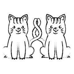 two cute cats sit with tails crossed vector illustration sketch