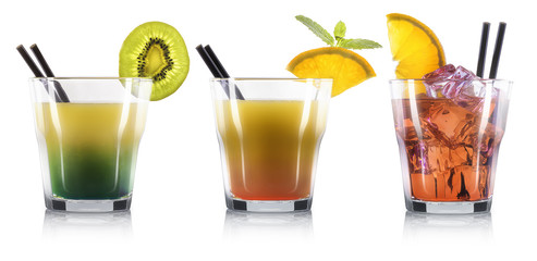 Set of cocktails in old fashioned glass with black straw isolated on white background. Clipping path