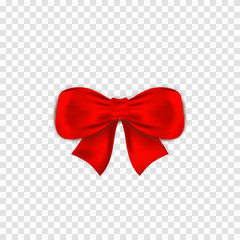 Red bow isoltaed on transparent background. Realistic satin gift bow with knot