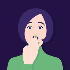 The woman covered her mouth with her hand. Silence. Censorship. Secrets and conspiracies. Vector Flat Illustration