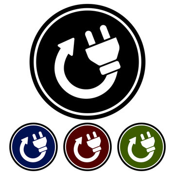 Simple, circular, flat plug (white) icon. Renewable energy icon. Isolated on white