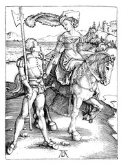 Fototapeta na wymiar The Lady on Horseback and the Lansquenet by Albrecht Dürer, year 1497