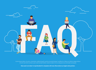 Frequently asked questions concept illustration of young people standing near letters and using smart phone, laptop and digital tablet. Flat women and men with letters symbols faq on blue background - obrazy, fototapety, plakaty