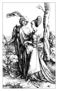 Young Couple threatened by Death by Albrecht D&uuml;rer, year 1498. Noble couple promenade, while death with hourglass looks at them, behind a tree trunk.