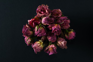 dried red roses on a black background