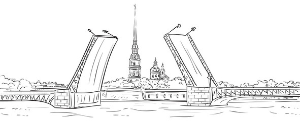 Peter and Paul Fortress. Drawbridge, symbol of Saint Petersburg, Russia.