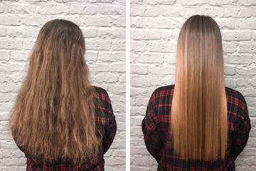 Sick, cut and healthy hair. Hair before and after treatment.