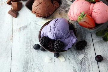 Gardinen Set of ice cream scoops of different colors and flavours with berries, nuts and fruits © beats_