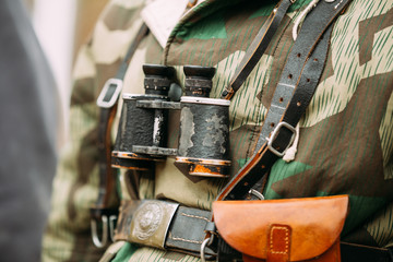 Close Up Of German Military Binoculars Of A German Soldier On Re-enactor Dressed