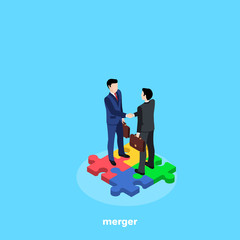 men in business suits shaking hands standing on a puzzle, isometric image