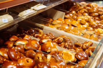 bakery shelf in store. grocery shopping. counter with bun