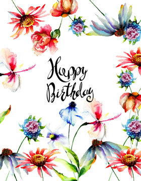 Card template for birthday with summer flowers