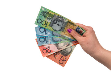 female hand hold australian dollar isolated on white