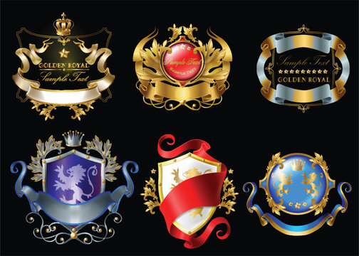 Vector set of colorful royal stickers with crowns, shields, ribbons, lions, stars isolated on black background. Luxurious emblems with heraldic ornament, premium quality labels for brand promotion