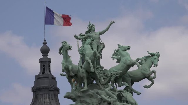 4K Paris, France Flag in Sunset, Grand Palais Statues, French Banner Waving