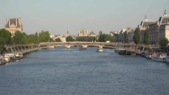 Seine River Paris, People Tourists Boats Traveling in Sunset, Ships Trip 4K
