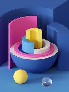 3d render, abstract geometric background, primitive shapes, toys, hemisphere, sector, bright colorful blocks