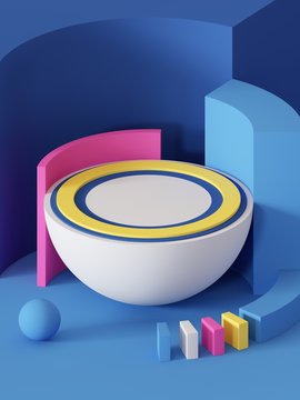 3d render, abstract geometric background, primitive shapes, toys, hemisphere, ball, sector, bright colorful blocks
