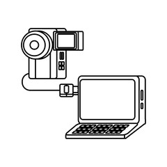 camera plugged into a laptop over white background, vector illustration