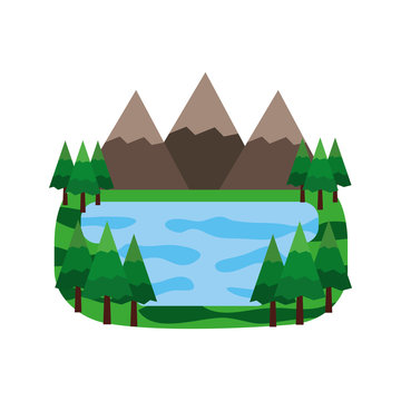 mountains and lake in forest landscape vector illustration design