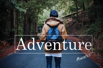 traveler with backpack and adventure message