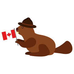 beaver with hat and flag canadian vector illustration design
