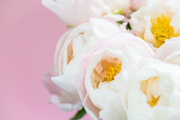 Beautiful bouquet of white Chinese peonies with Water Drops