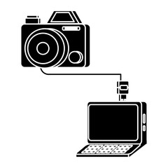 camera plugged into a laptop over white background, vector illustration