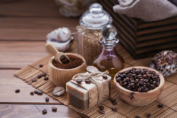 Natural handmade soap, aromatic cosmetic oil, sea salt with coffee beans