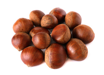 Chestnuts with shell isolated on white background, a pile of fresh chestnuts