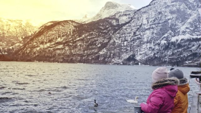 View of young children, people exploring the beautiful lake with swans, surrounded by rocky cold mountains, Austria.