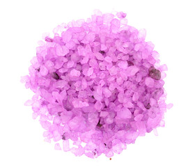 Violet sea salt isolated on white background, lavender. Top view. Flat lay
