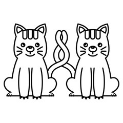 two cute cats sit with tails crossed vector illustration black and white