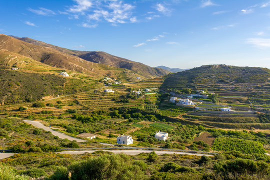 View of mountains in northern part of Naxos Island in sunny day. Cyclades, Greece.